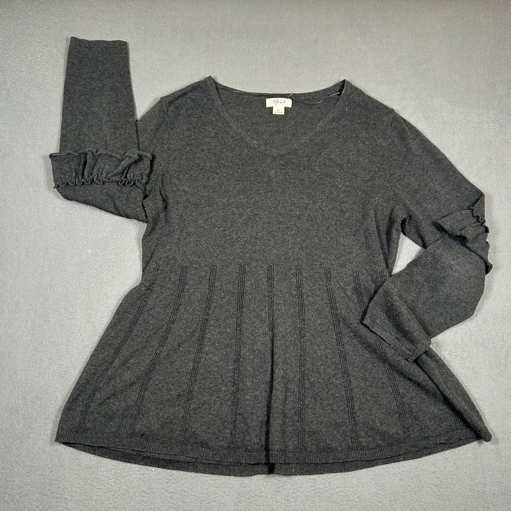 Style & Co Sweater Womens XL Grey V-Neck Peplum Ruffle Sleeve Cotton Blend
